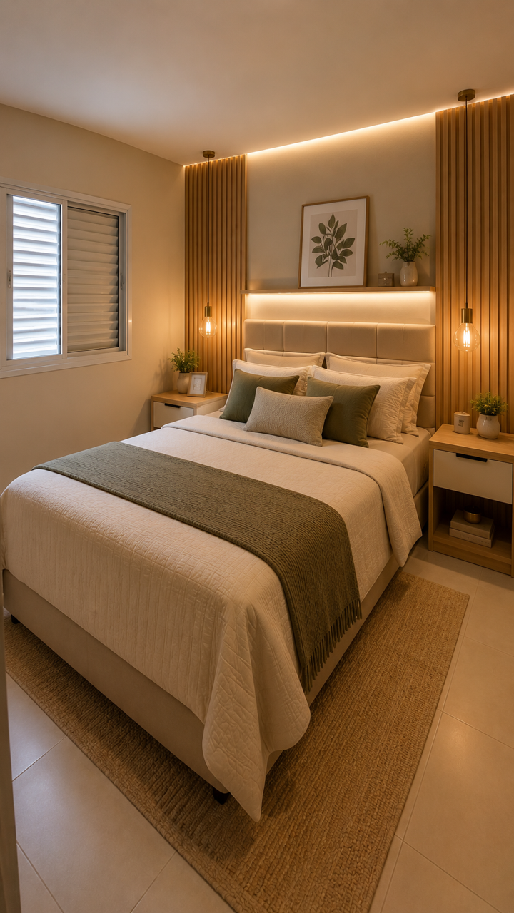 Depois — Quarto de casal com painel ripado