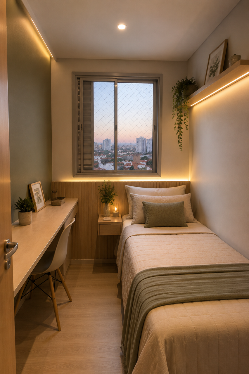 Depois — Quarto compacto com marcenaria planejada