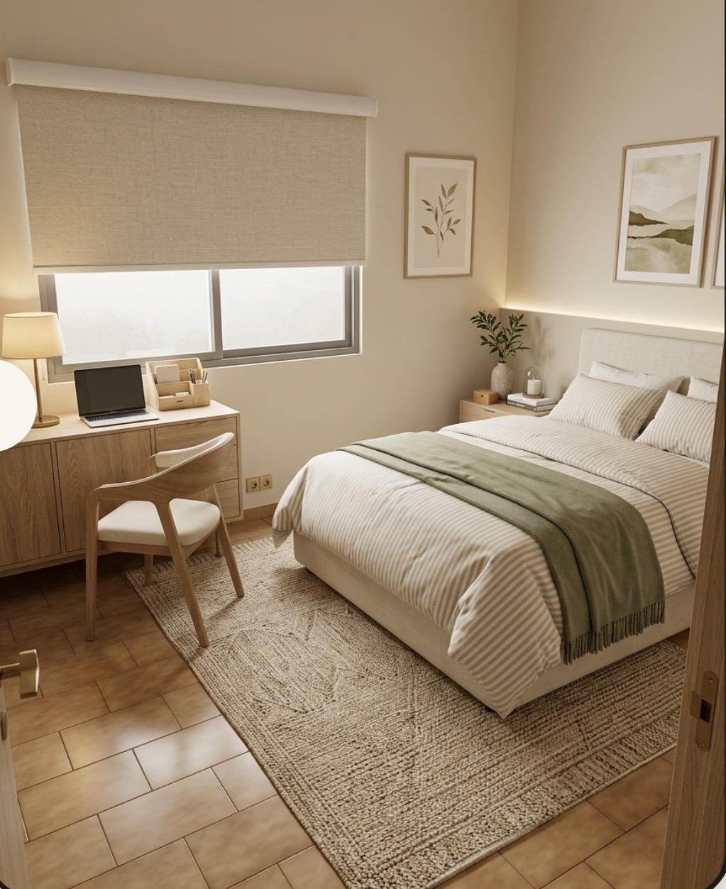 Depois — Quarto transformado com marcenaria e iluminação